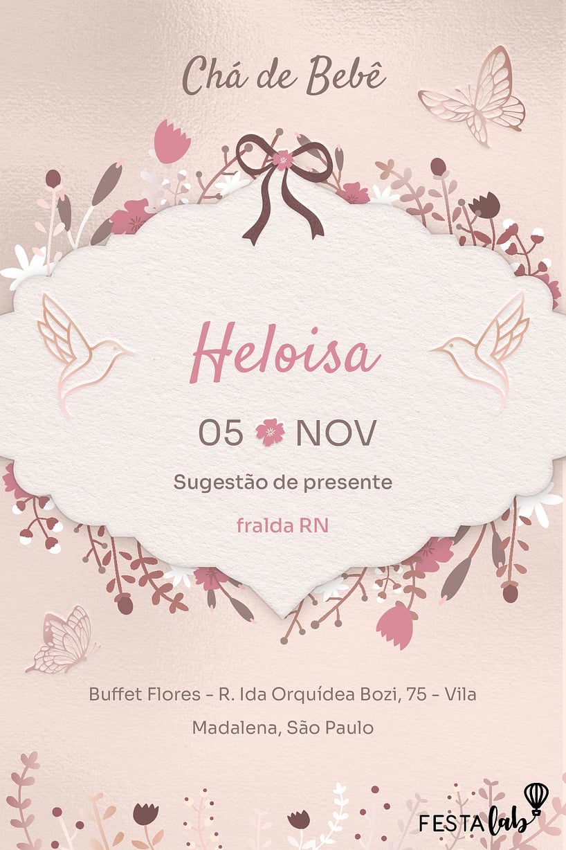 Modelo de Convite de Cha de bebe - Jardim dos Beija-flores Criar convite de Chá de bebê - Jardim dos Beija-flores| FestaLab