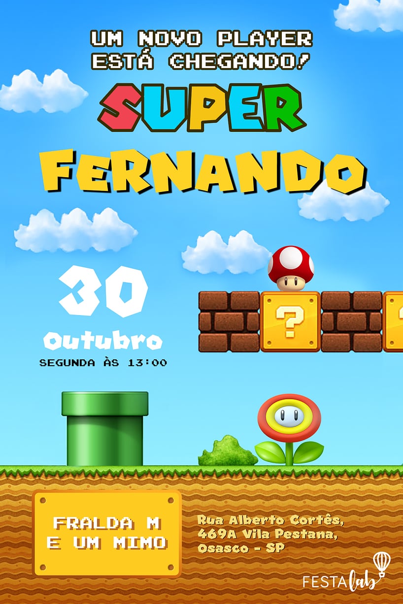 Modelo de Convite de Cha de bebe - Mario Bros. Criar convite de Chá de bebê - Mario Bros.| FestaLab