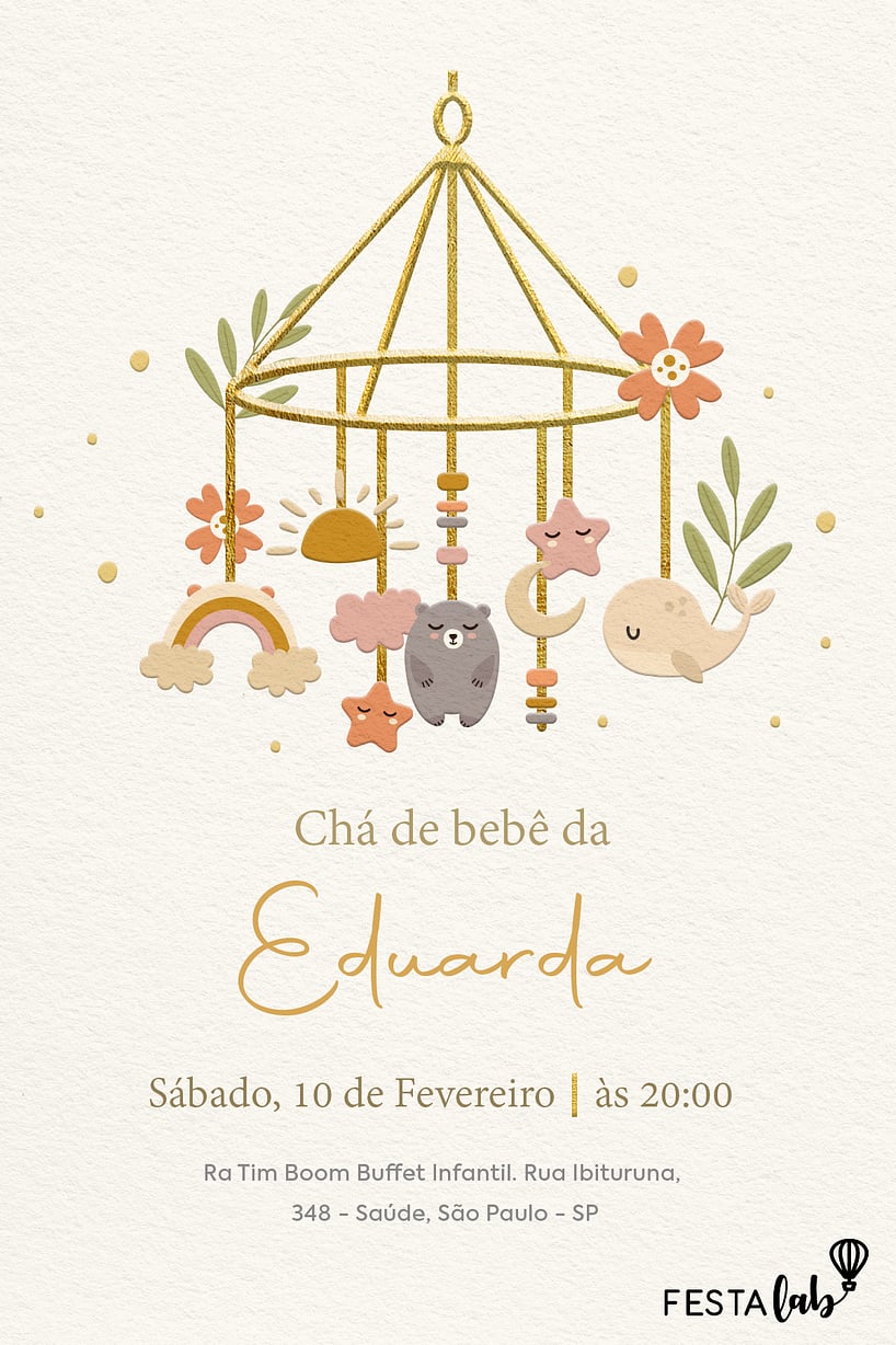 Modelo de Convite de Cha de bebe - Mobiles e Mimos Criar convite de Chá de bebê - Mobiles e Mimos| FestaLab
