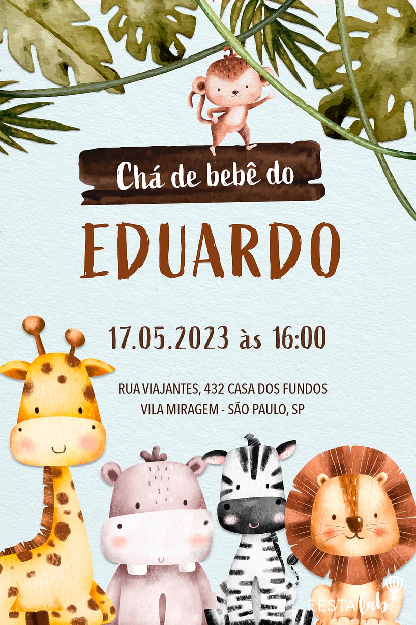 Modelo de Convite de Cha de bebe - Moldura de Safari Criar convite de Chá de bebê - Moldura de Safari| FestaLab
