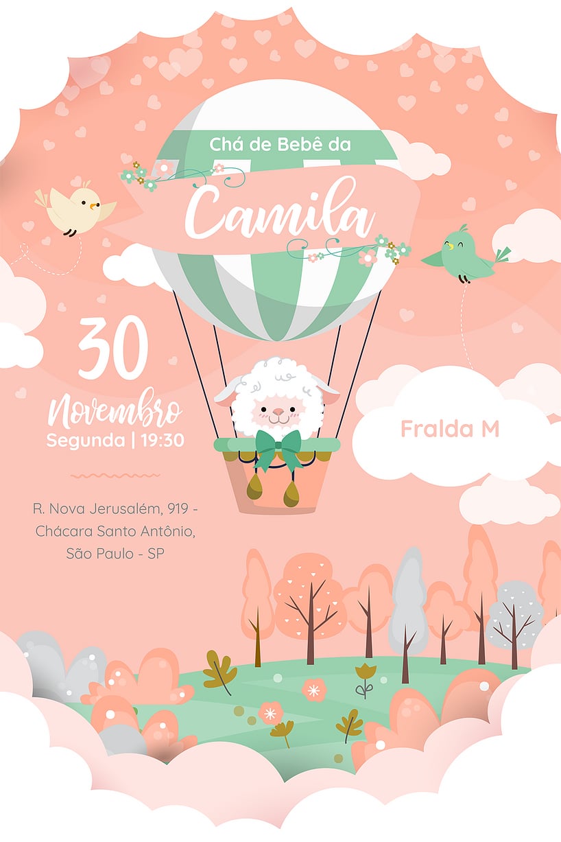 Modelo de Convite de Cha de bebe - Ovelha Baloeira Criar convite de Chá de bebê - Ovelha Baloeira| FestaLab