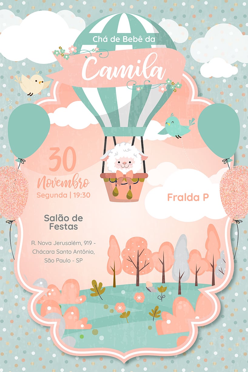 Modelo de Convite de Cha de bebe - Ovelha Baloeira verde Criar convite de Chá de bebê - Ovelha Baloeira verde| FestaLab