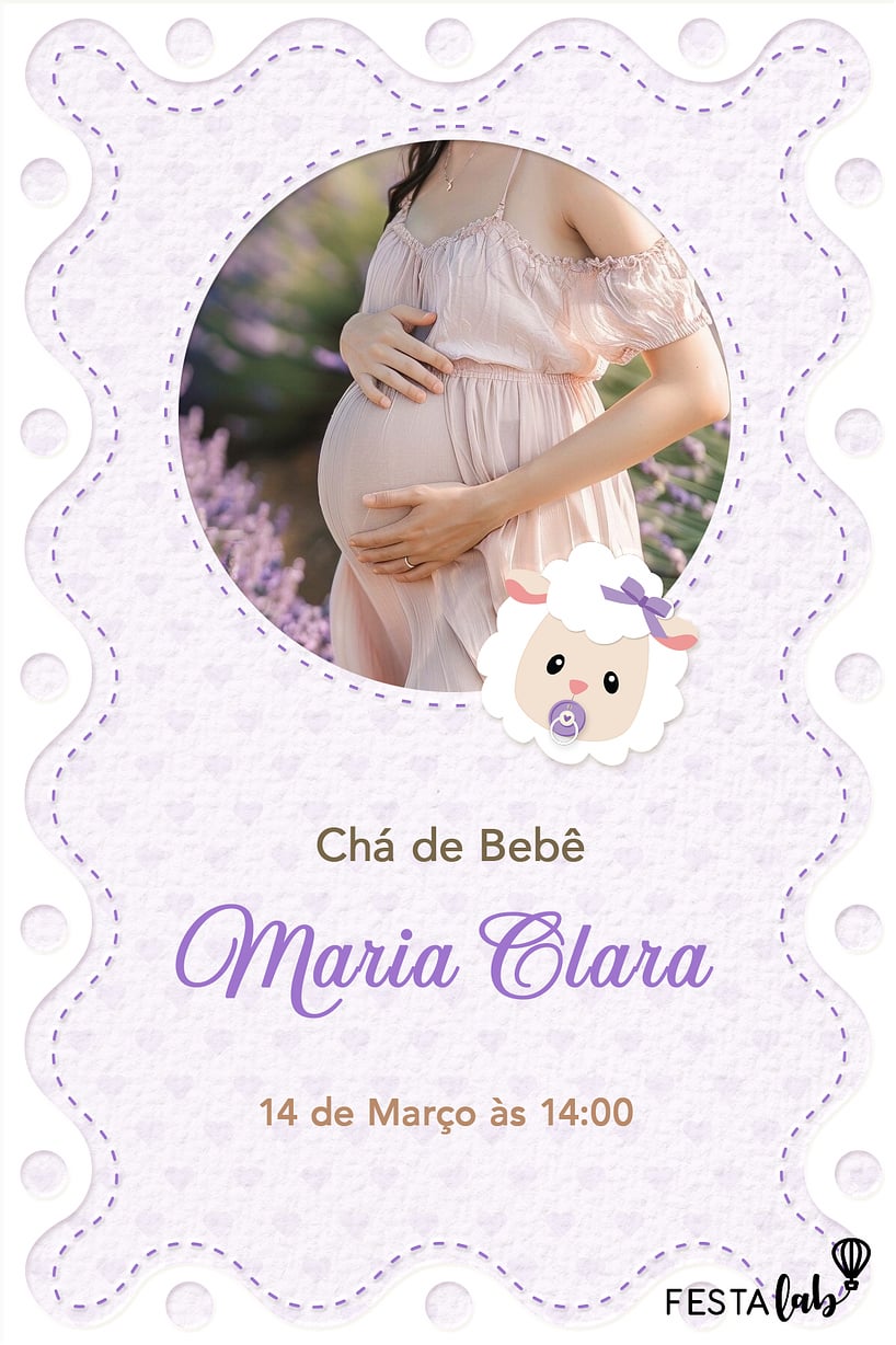 Modelo de Convite de Cha de bebe - Ovelinha Lilas Criar convite de Chá de bebê - Ovelinha Lilas| FestaLab