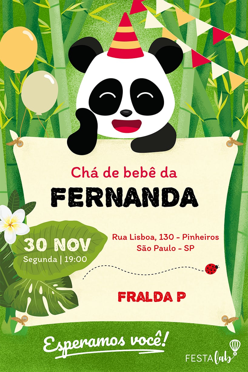 Modelo de Convite de Cha de bebe - Festinha do Panda Criar convite de Chá de bebê - Festinha do Panda| FestaLab