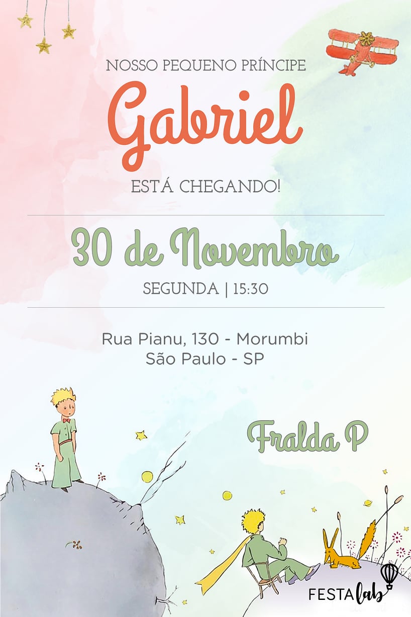 Modelo de Convite de Cha de bebe - Pequeno Principe Criar convite de Chá de bebê - Pequeno Príncipe| FestaLab
