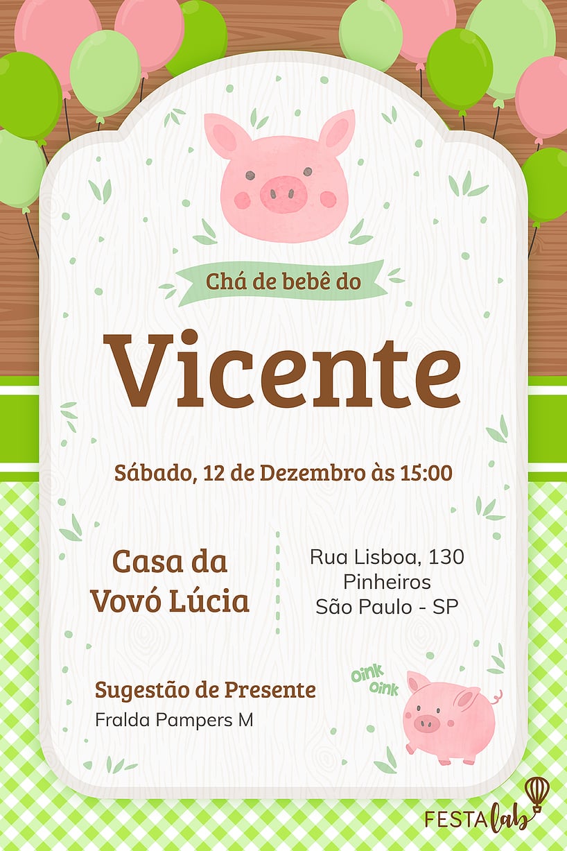 Modelo de Convite de Cha de bebe - Porquinhos Criar convite de Chá de bebê - Porquinhos| FestaLab