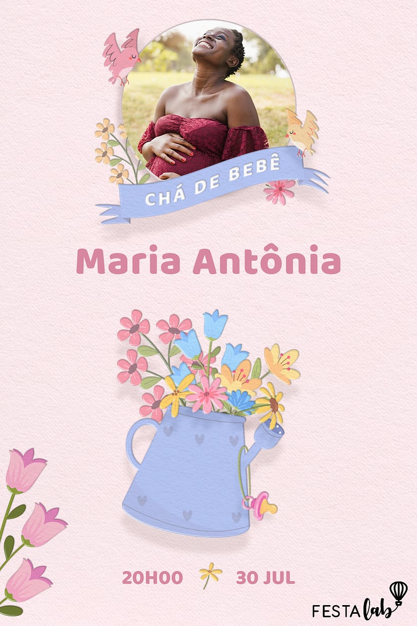 Modelo de Convite de Cha de bebe - Regador com Flores Criar convite de Chá de bebê - Regador com Flores| FestaLab