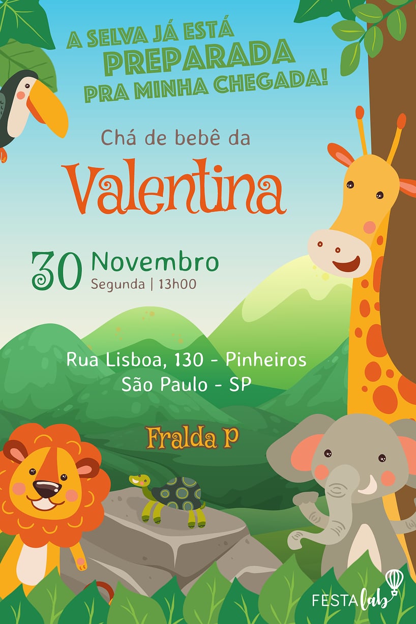 Modelo de Convite de Cha de bebe - Safari Criar convite de Chá de bebê - Safari| FestaLab