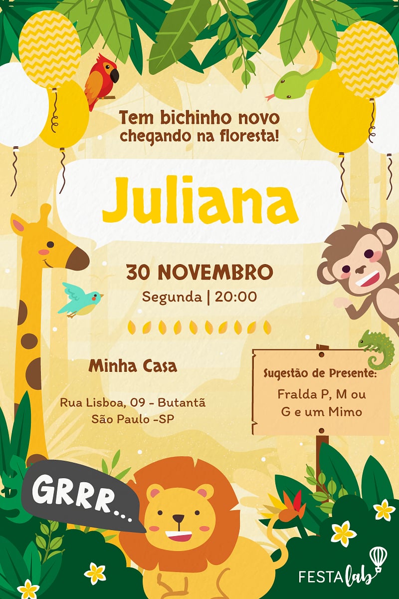 Modelo de Convite de Cha de bebe - Safari amarelo Criar convite de Chá de bebê - Safari amarelo| FestaLab