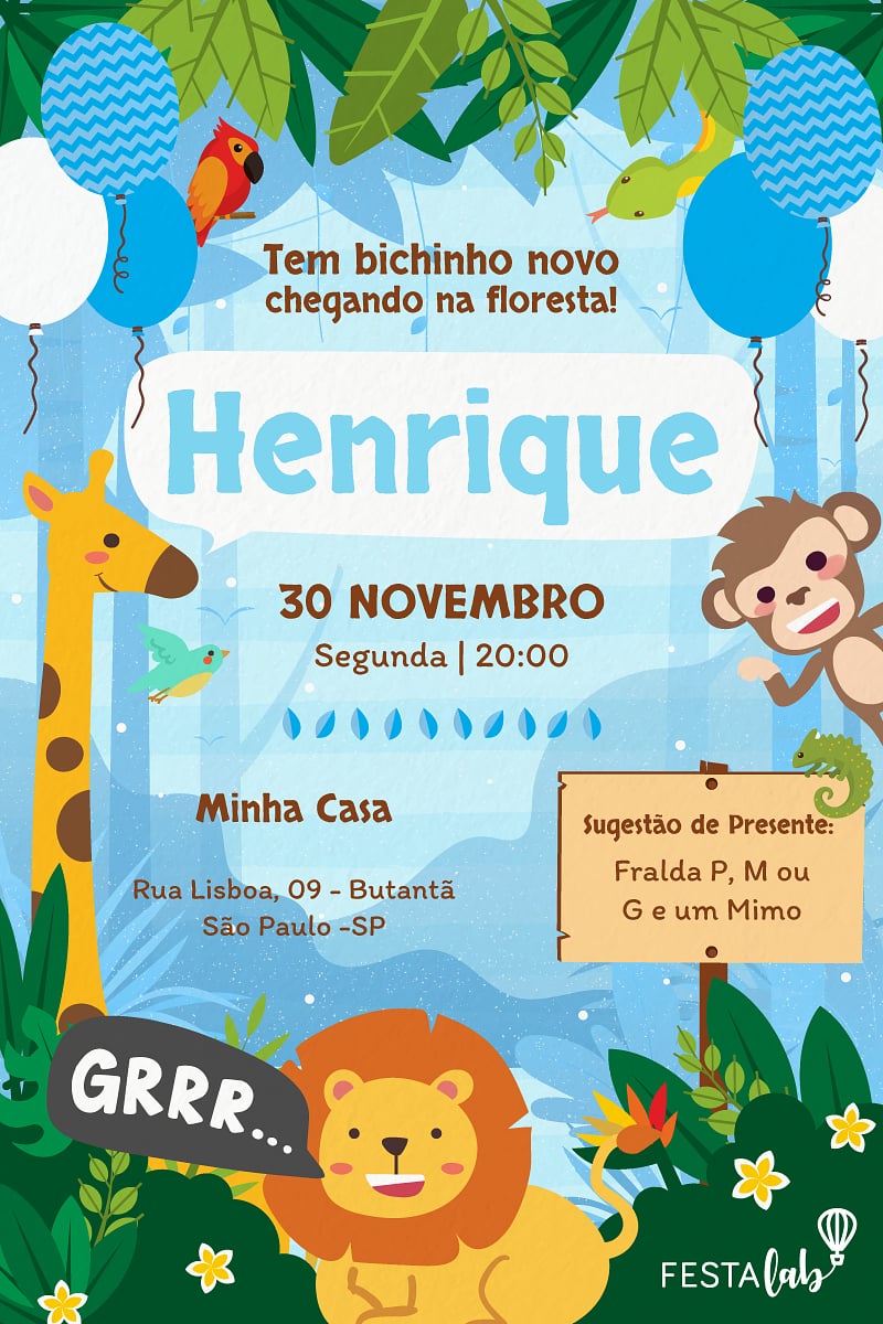 Modelo de Convite de Cha de bebe - Safari azul Criar convite de Chá de bebê - Safari azul| FestaLab