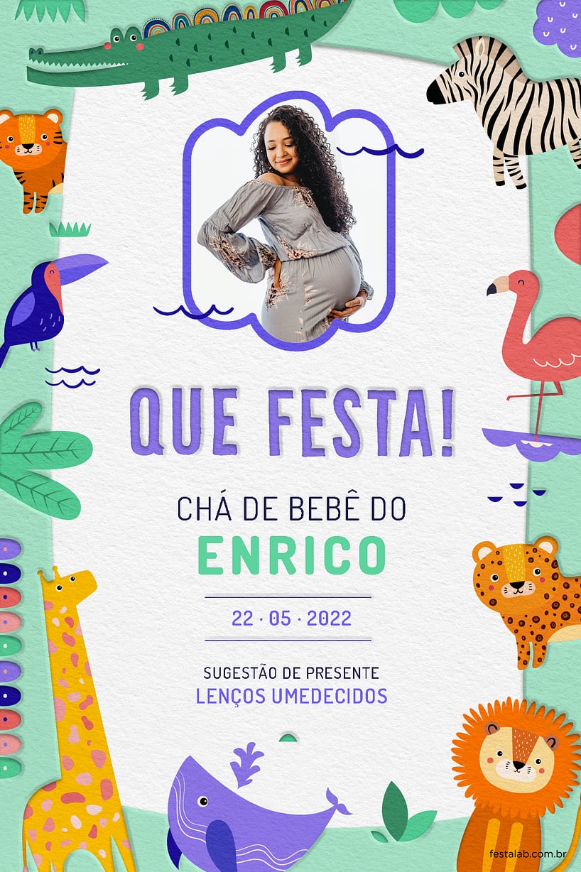 Modelo de Convite de Cha de bebe - Safari Baby Colorido com Roxo Criar convite de Chá de bebê - Safari Baby Colorido com Roxo| FestaLab
