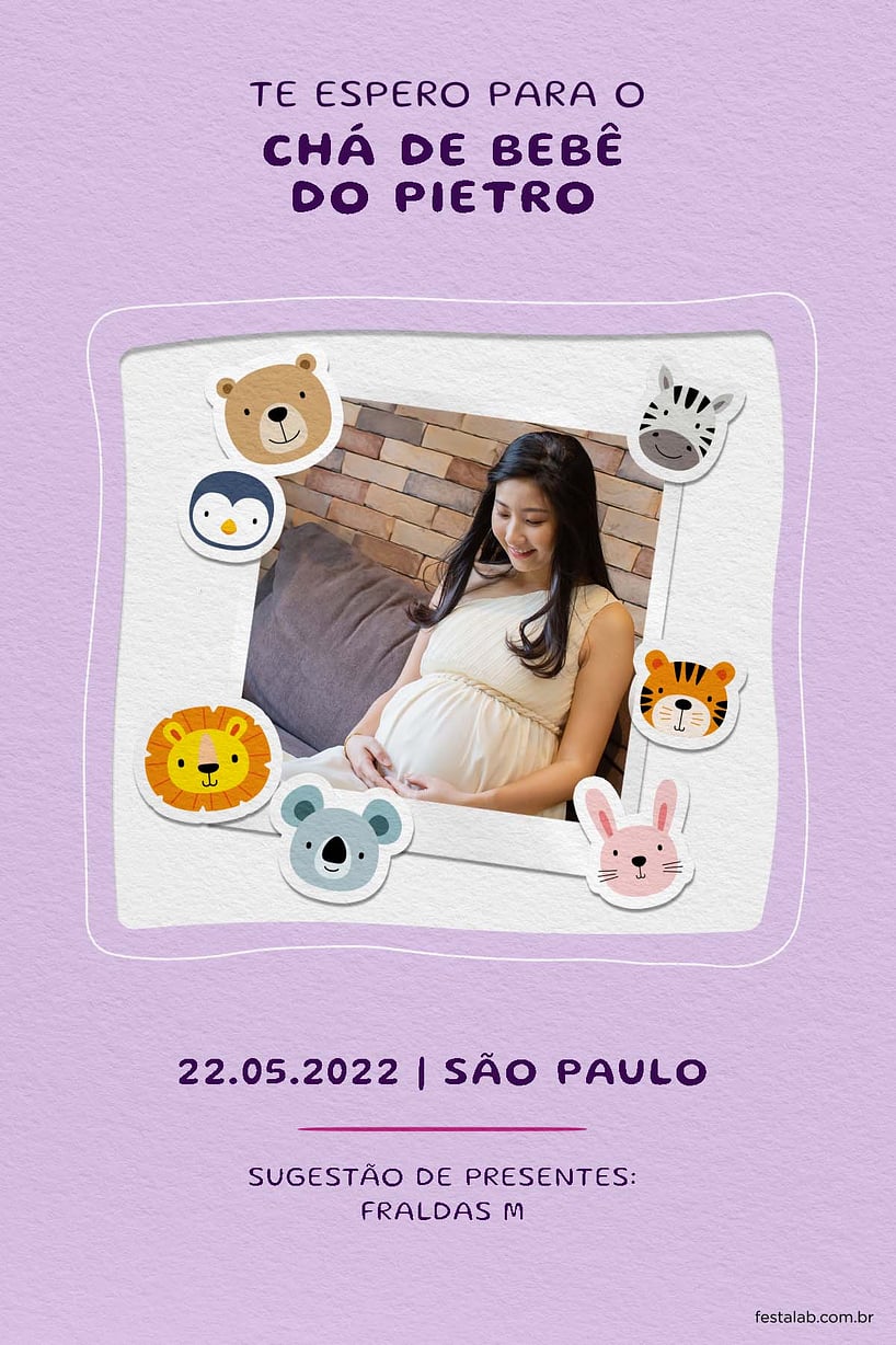 Modelo de Convite de Cha de bebe - Safari Baby lilas Criar convite de Chá de bebê - Safari Baby lilas| FestaLab