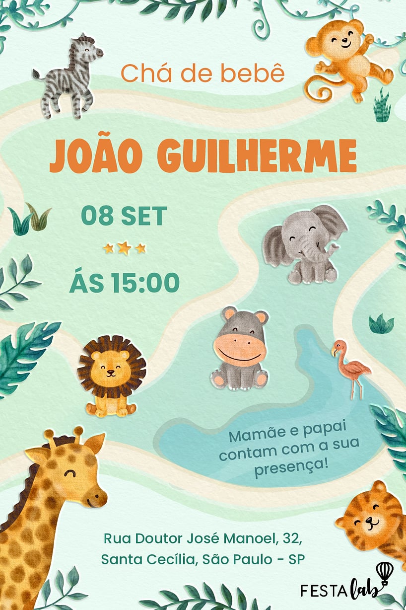Modelo de Convite de Cha de bebe - Safari dos Bichinhos Criar convite de Chá de bebê - Safari dos Bichinhos| FestaLab