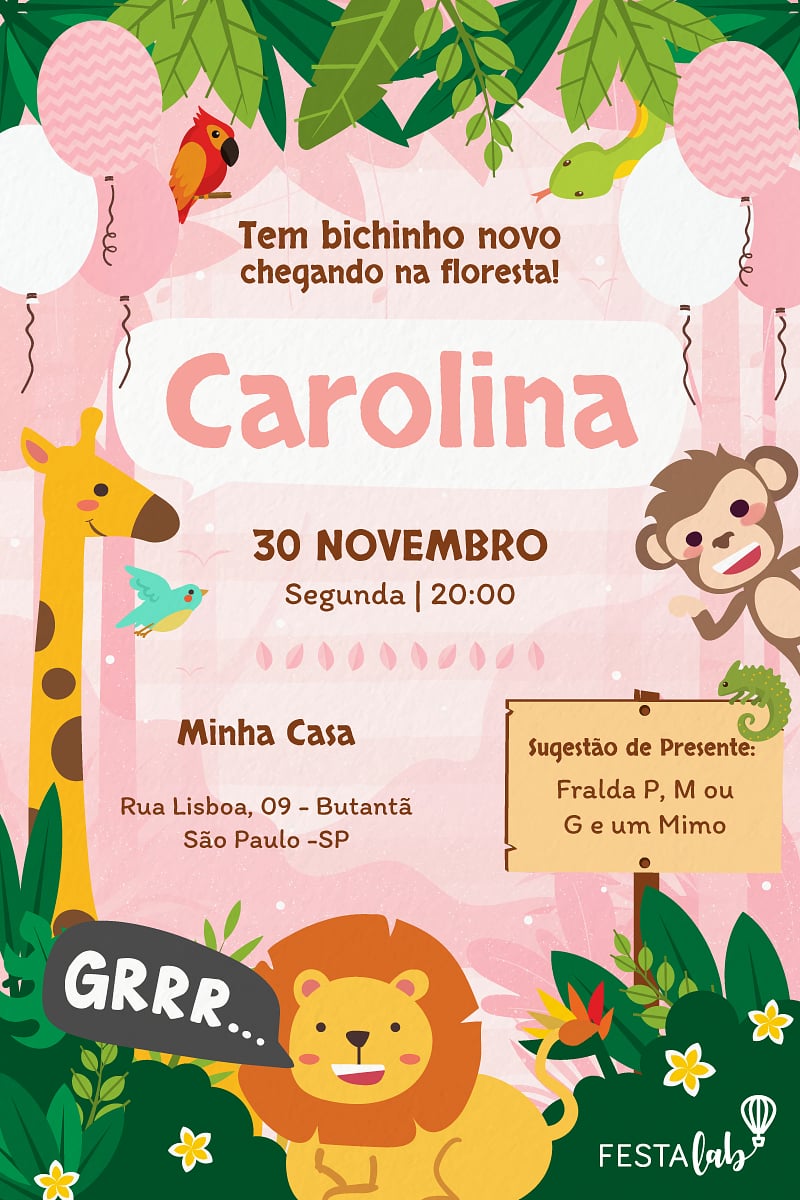 Modelo de Convite de Cha de bebe - Safari rosa Criar convite de Chá de bebê - Safari rosa| FestaLab