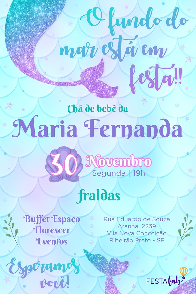 Modelo de Convite de Cha de bebe - Sereia brilhante Criar convite de Chá de bebê - Sereia brilhante| FestaLab