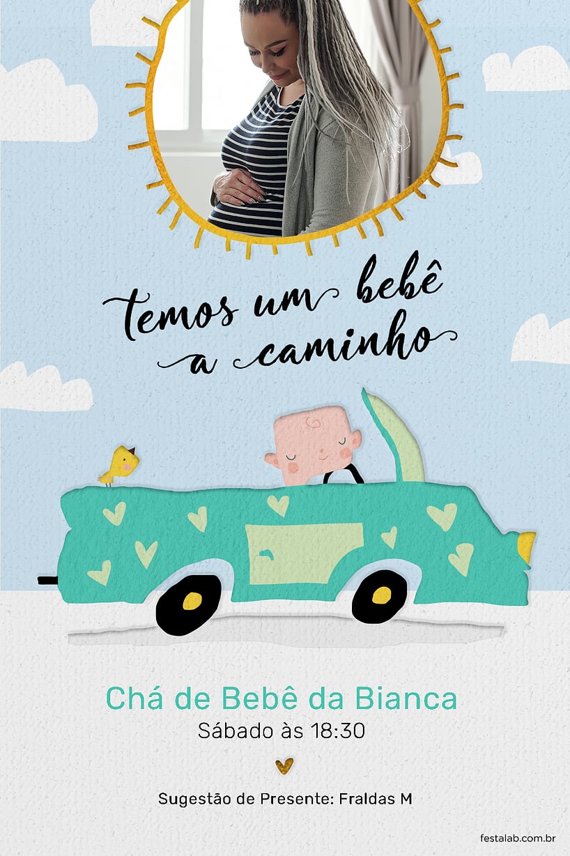 Modelo de Convite de Cha de bebe - Solzinho Azul e Aquarela Criar convite de Chá de bebê - Solzinho Azul e Aquarela| FestaLab