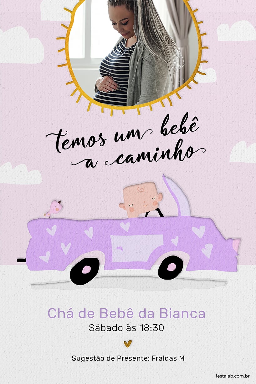 Modelo de Convite de Cha de bebe - Solzinho lilas e aquarela Criar convite de Chá de bebê - Solzinho lilás e aquarela| FestaLab