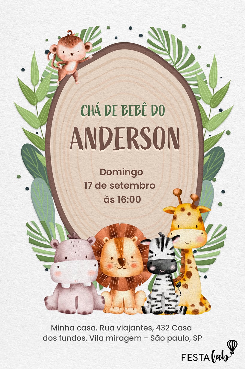 Modelo de Convite de Cha de bebe - Tronco de Safari Criar convite de Chá de bebê - Tronco de Safari| FestaLab