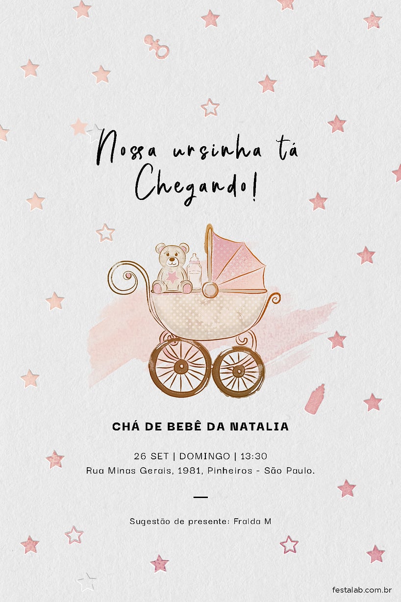 Modelo de Convite de Cha de bebe - Ursinha no Carrinho Criar convite de Chá de bebê - Ursinha no Carrinho| FestaLab