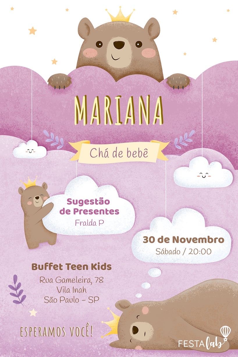 Modelo de Convite de Cha de bebe - Ursinha Princesa Criar convite de Chá de bebê - Ursinha Princesa| FestaLab