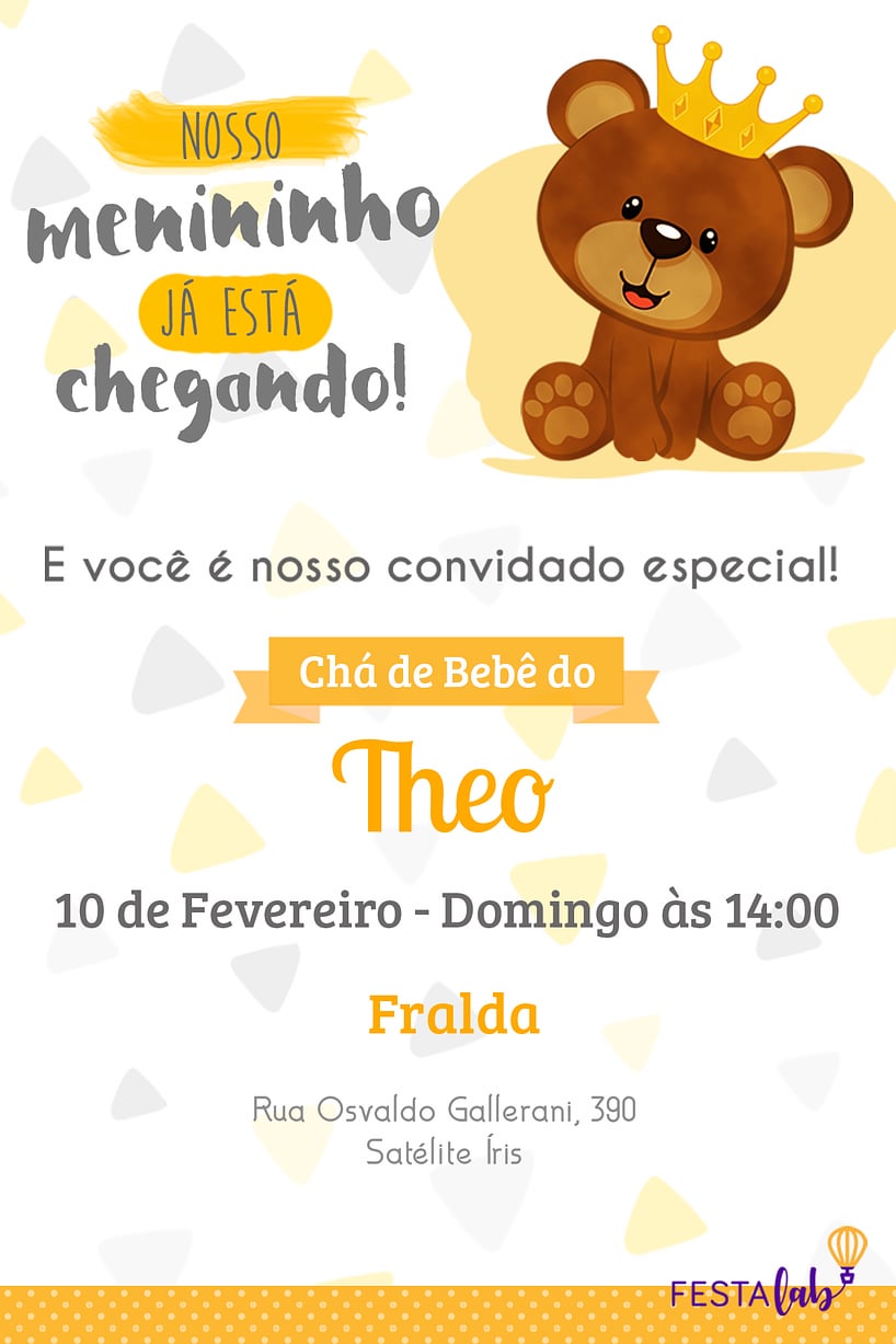 Modelo de Convite de Cha de bebe - Ursinho amarelo Criar convite de Chá de bebê - Ursinho amarelo| FestaLab