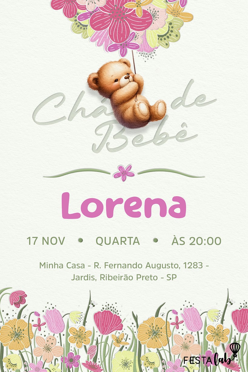 Modelo de Convite de Cha de bebe - Ursinho Florido Criar convite de Chá de bebê - Ursinho Florido| FestaLab