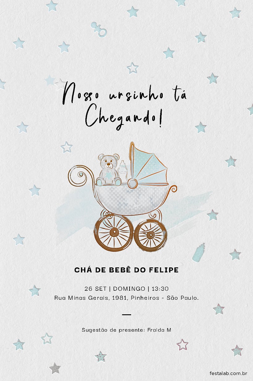 Modelo de Convite de Cha de bebe - Ursinho no Carrinho Criar convite de Chá de bebê - Ursinho no Carrinho| FestaLab