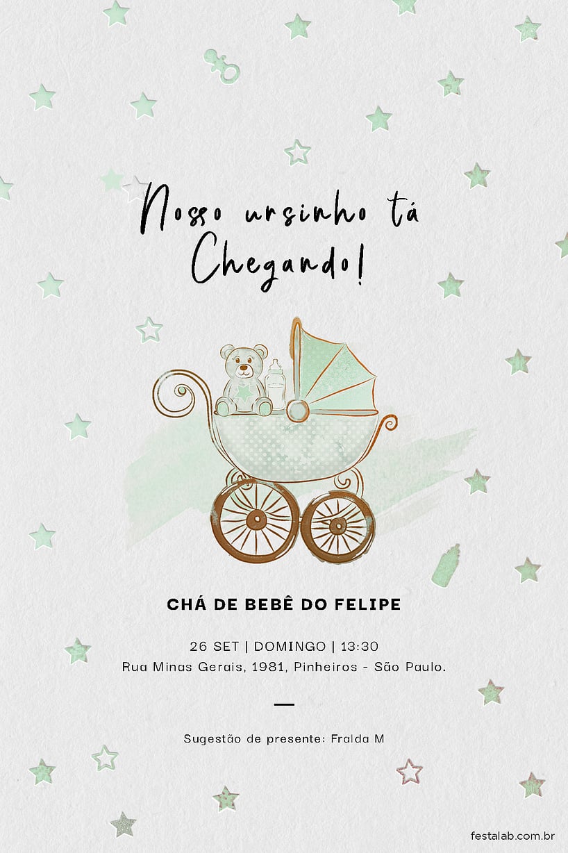 Modelo de Convite de Cha de bebe - Ursinho no Carrinho Criar convite de Chá de bebê - Ursinho no Carrinho| FestaLab