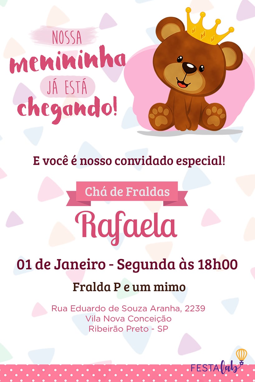 Modelo de Convite de Cha de bebe - Ursinho Criar convite de Chá de bebê - Ursinho rosa| FestaLab