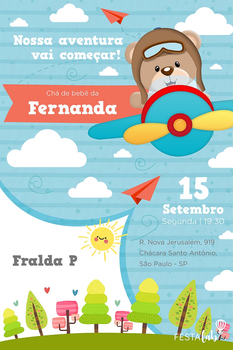 Modelo de Convite de Cha de bebe - Urso Aviador - Cha de bebe Criar convite de Chá de bebê - Urso Aviador - Chá de bebê| FestaLab