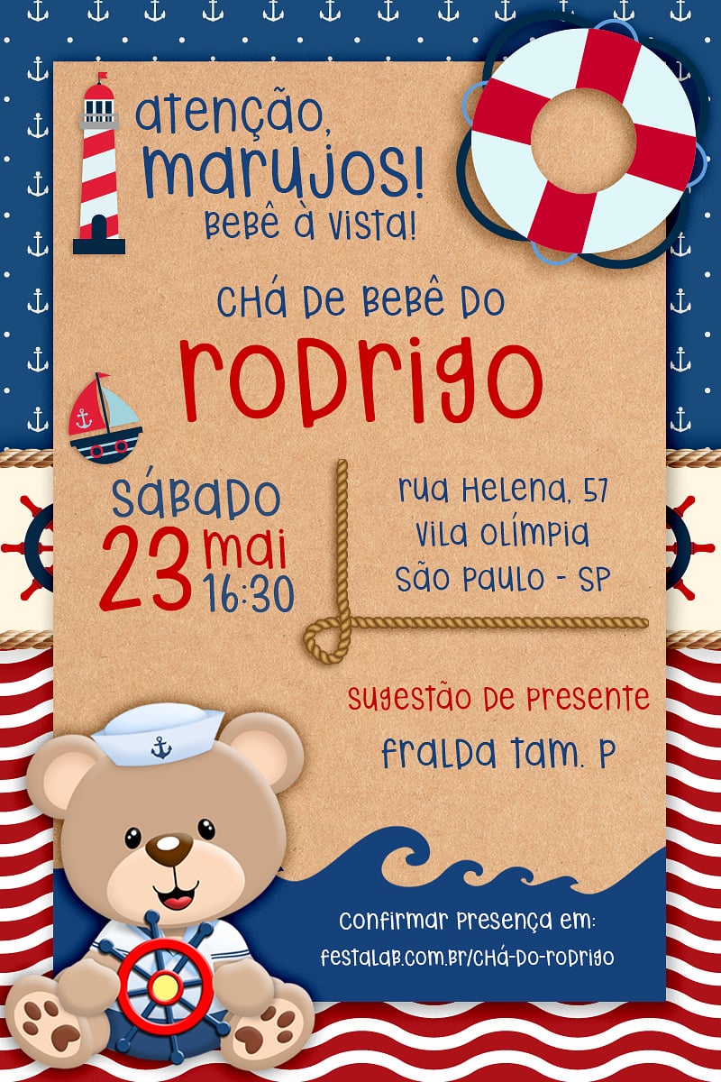 Modelo de Convite de Cha de bebe - Urso Marinheiro Criar convite de Chá de bebê - Urso Marinheiro| FestaLab
