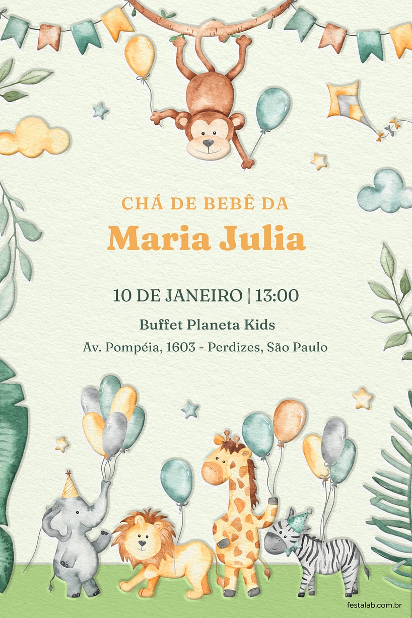 Modelo de Convite de Cha de bebe - Zoologico amarelo Criar convite de Chá de bebê - Zoológico amarelo| FestaLab