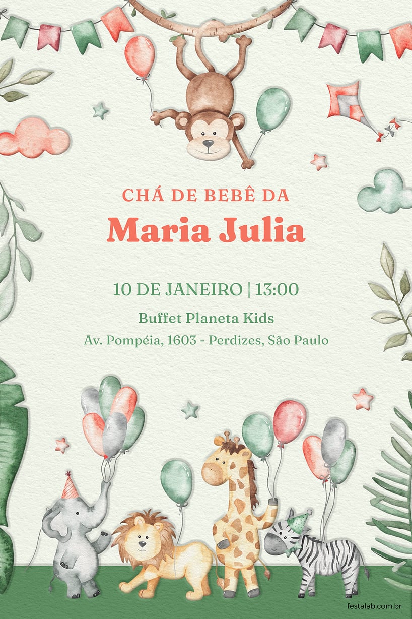 Modelo de Convite de Cha de bebe - Zoologico rosa Criar convite de Chá de bebê - Zoológico rosa| FestaLab