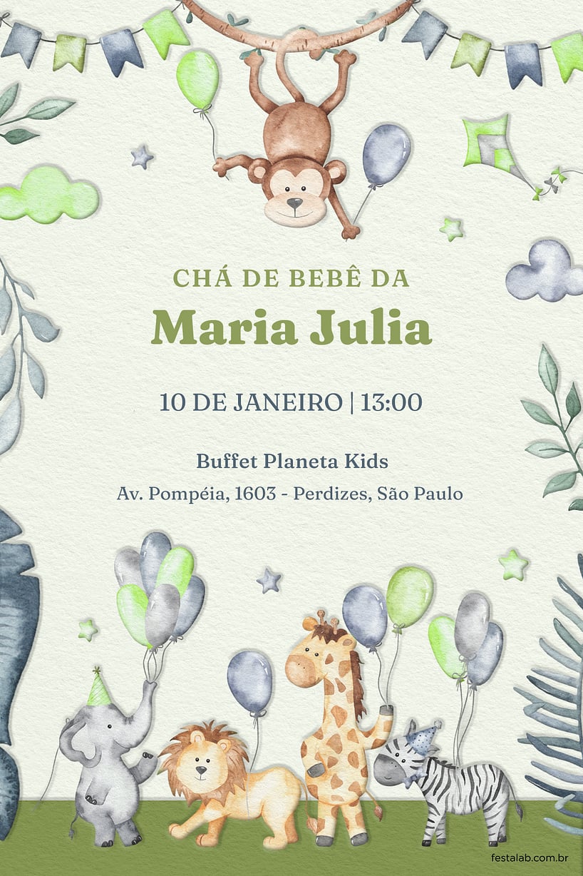 Modelo de Convite de Cha de bebe - Zoologico verde Criar convite de Chá de bebê - Zoológico verde| FestaLab