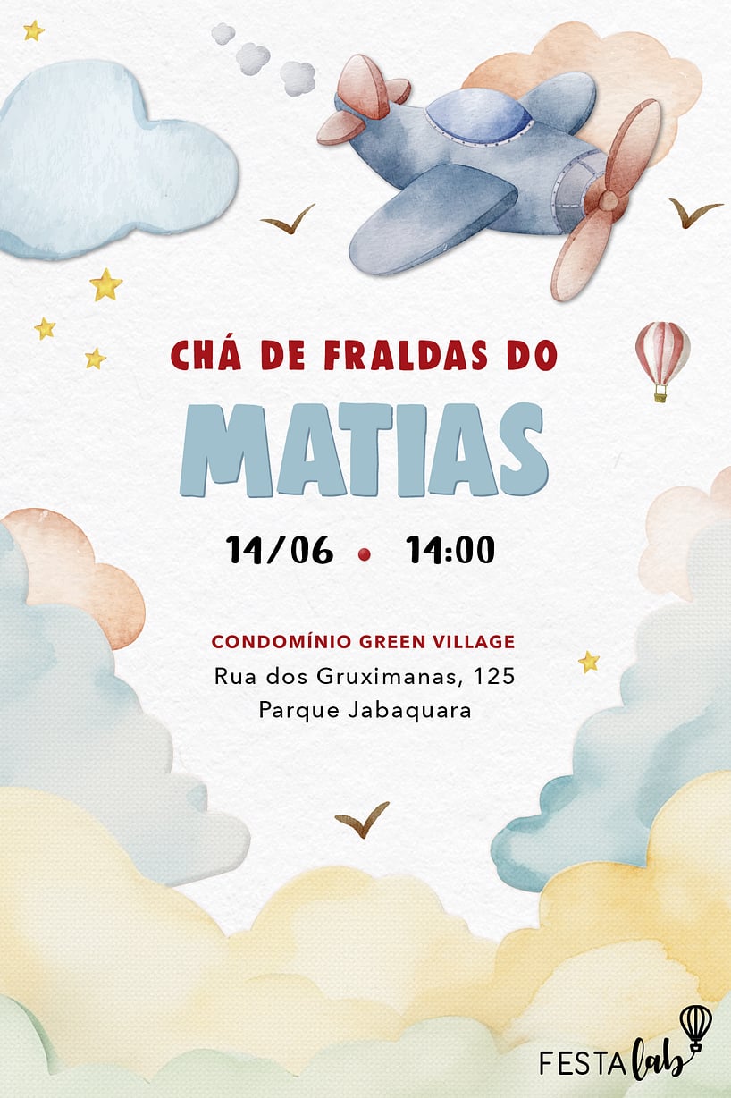 Modelo de Convite de Cha de fraldas - Aviaozinho aquarela delicado Criar convite de Chá de fraldas - Aviãozinho aquarela delicado| FestaLab