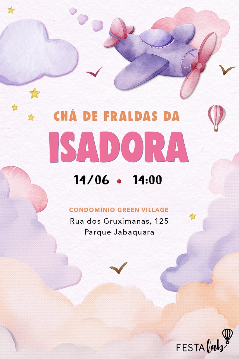 Modelo de Convite de Cha de fraldas - Aviaozinho rosa aquarelado Criar convite de Chá de fraldas - Aviãozinho rosa aquarelado| FestaLab