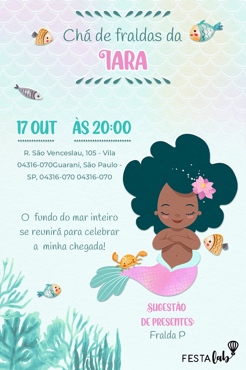 Modelo de Convite de Cha de fraldas - Bebe Sereia Delicada Criar convite de Chá de fraldas - Bebê Sereia Delicada| FestaLab