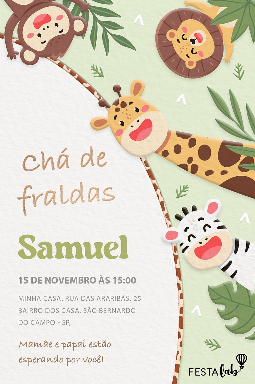 Modelo de Convite de Cha de fraldas - Bicharada em Festa Criar convite de Chá de fraldas - Bicharada em Festa| FestaLab