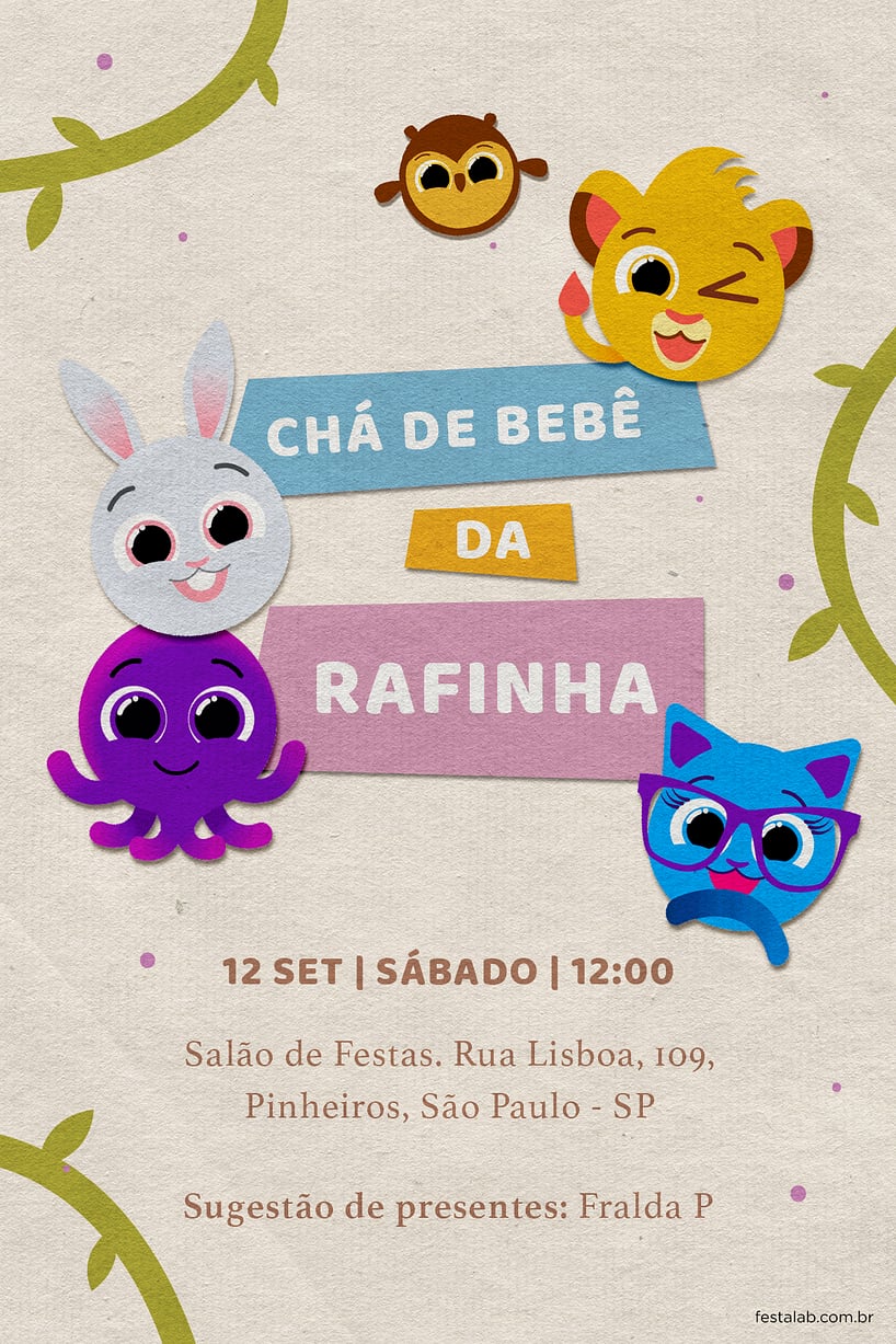 Modelo de Convite de Cha de fraldas - Bolofofos Selva Criar convite de Chá de fraldas - Bolofofos Selva| FestaLab