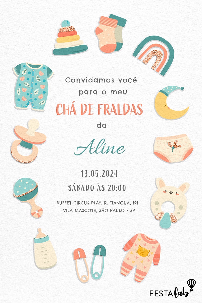 Modelo de Convite de Cha de fraldas - Enxoval do amor Criar convite de Chá de fraldas - Enxoval do amor| FestaLab