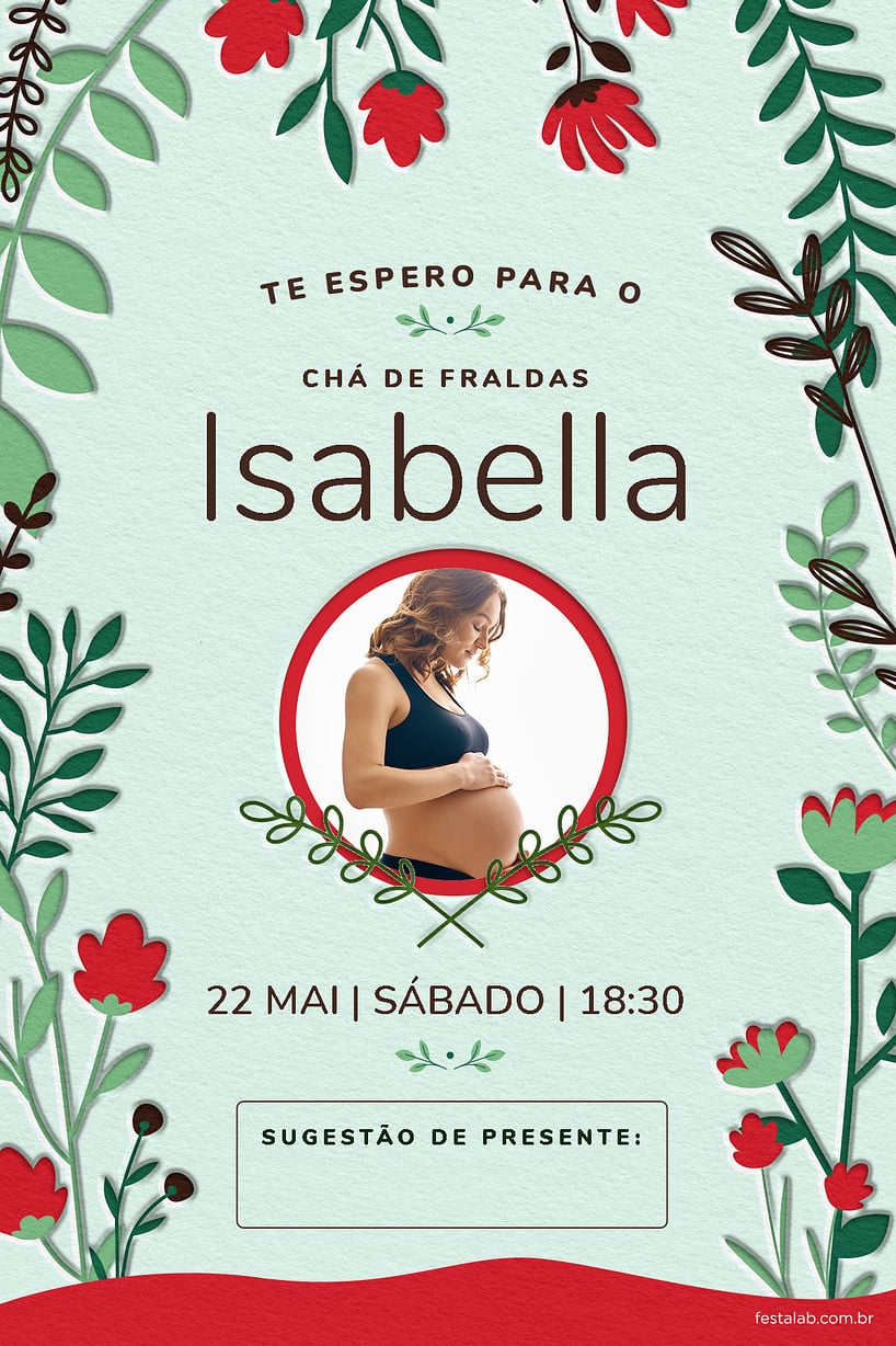 Modelo de Convite de Cha de fraldas - Floral verde e vermelho Criar convite de Chá de fraldas - Floral verde e vermelho| FestaLab