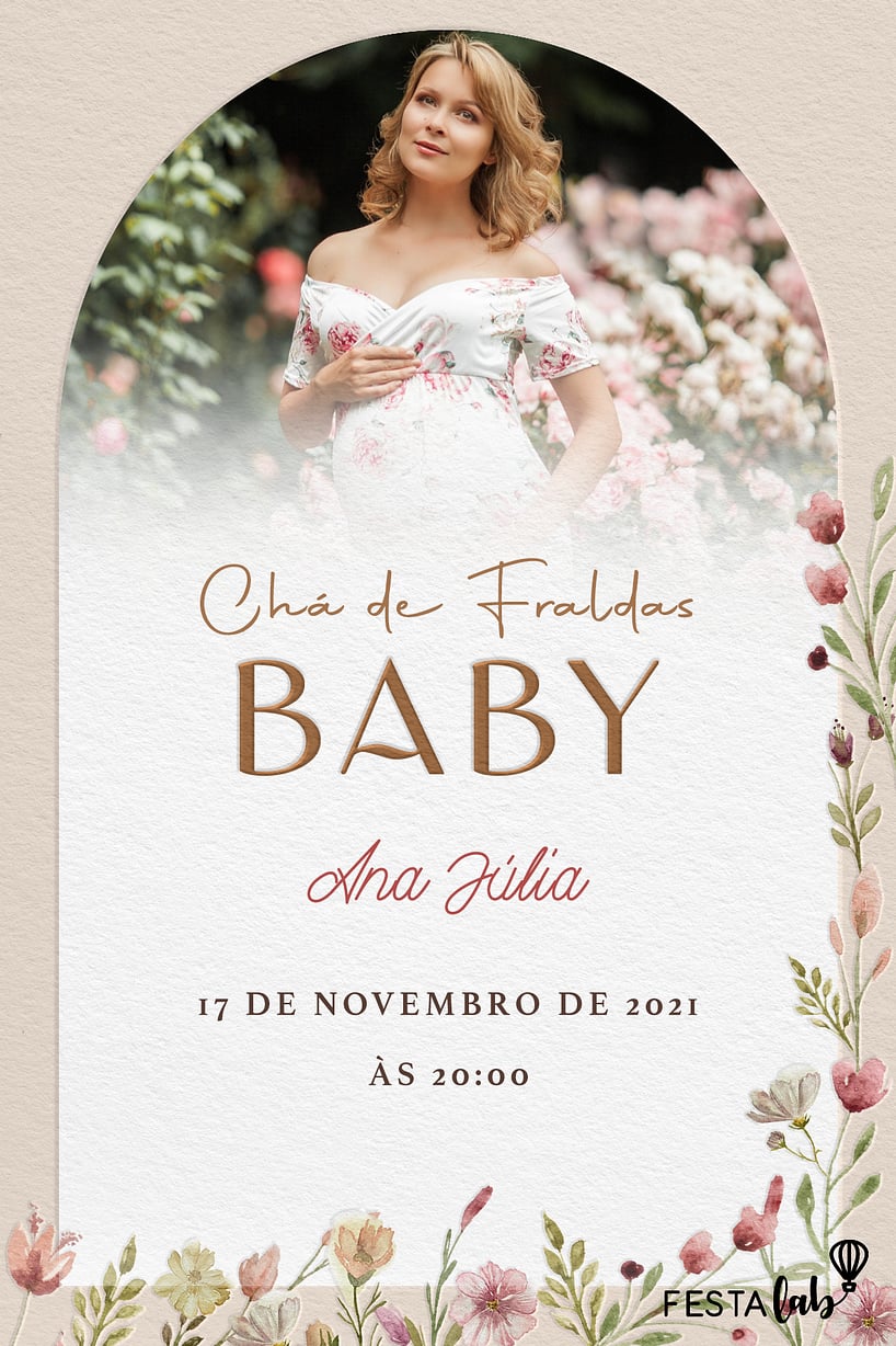 Modelo de Convite de Cha de fraldas - Flores Neutras Criar convite de Chá de fraldas - Flores Neutras| FestaLab