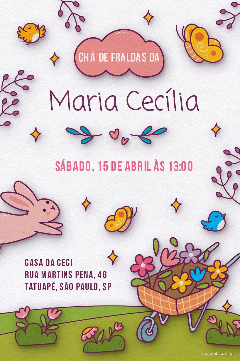 Modelo de Convite de Cha de fraldas - No Reino das Flores: Branco Criar convite de Chá de fraldas - No Reino das Flores: Branco| FestaLab