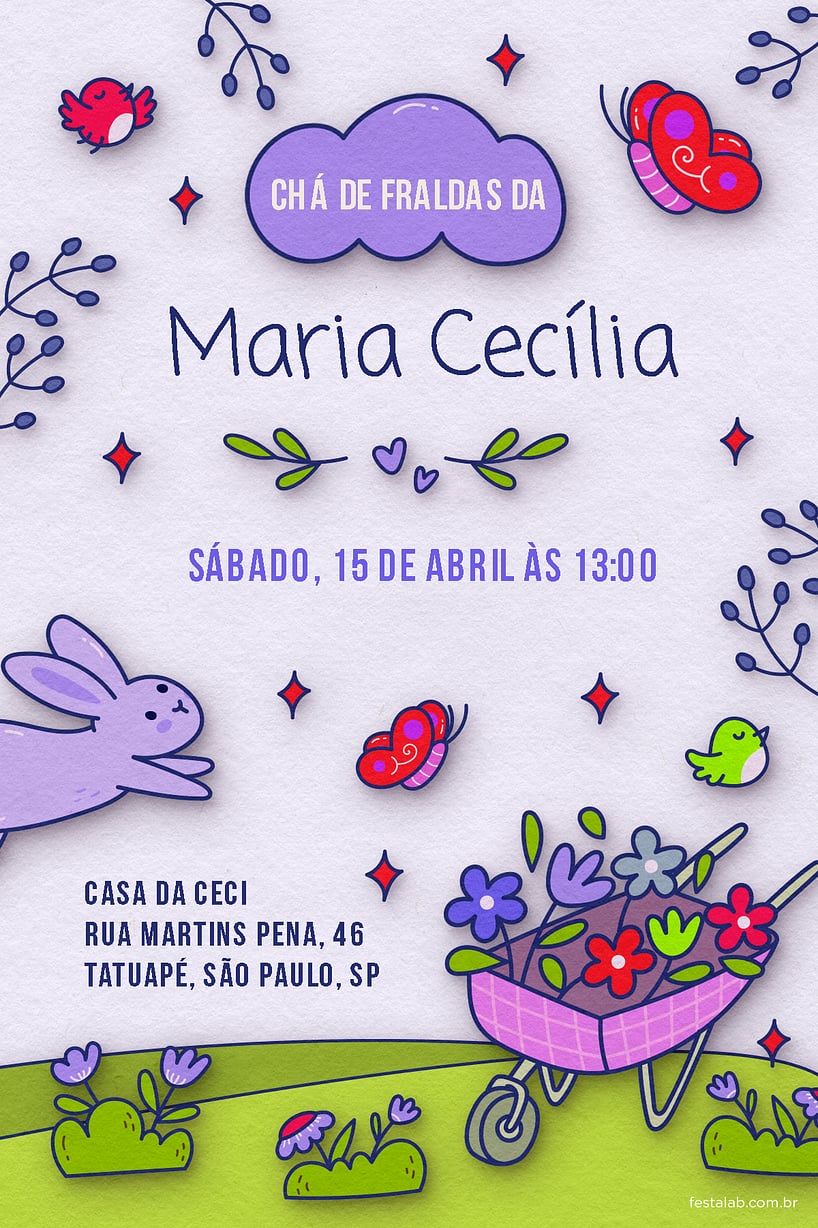 Modelo de Convite de Cha de fraldas - No Reino das Flores: Lilas Criar convite de Chá de fraldas - No Reino das Flores: Lilás| FestaLab