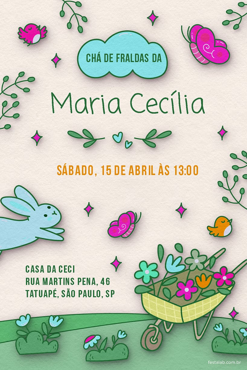 Modelo de Convite de Cha de fraldas - No Reino das Flores Criar convite de Chá de fraldas - No Reino das Flores| FestaLab