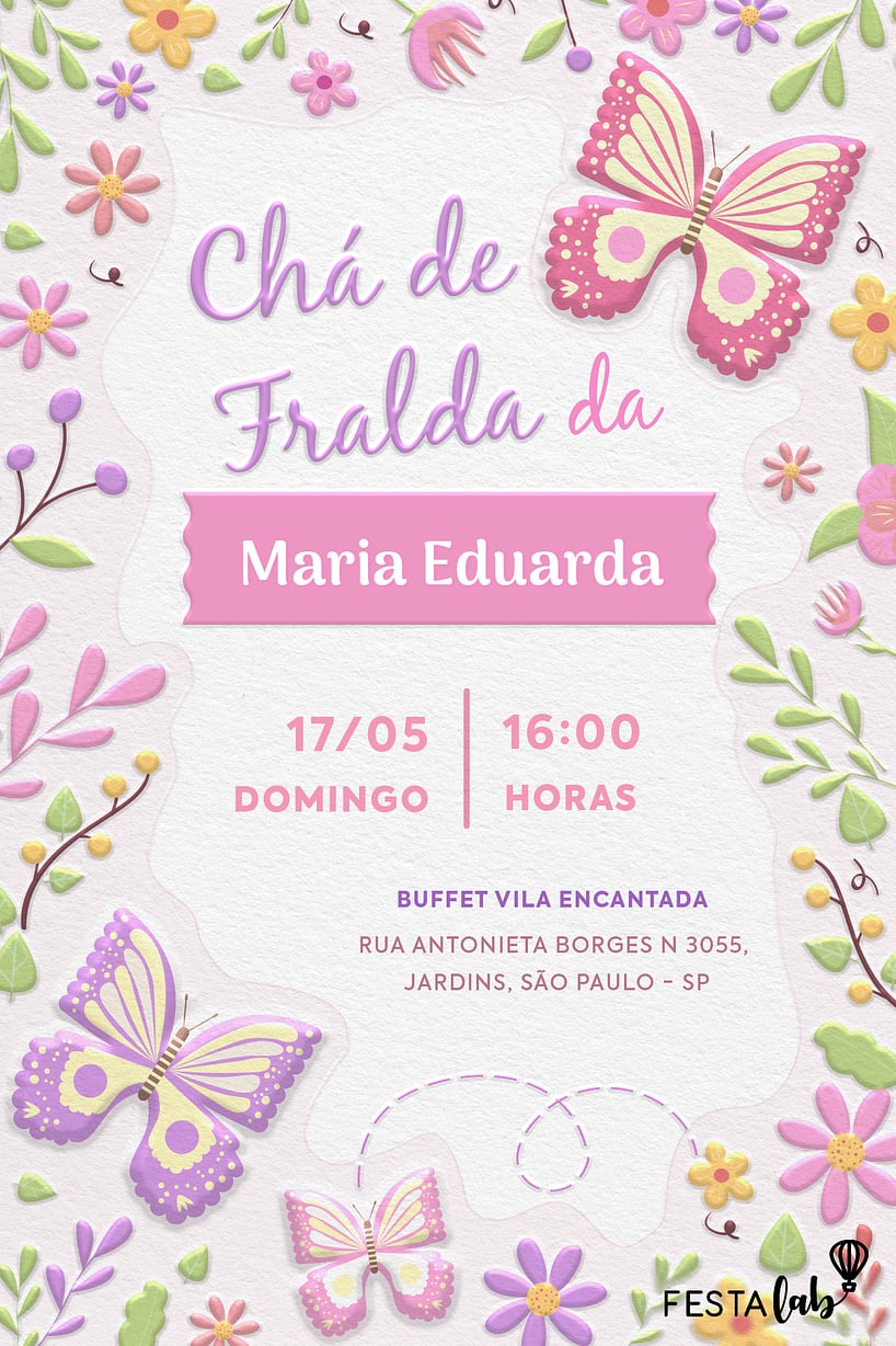 Modelo de Convite de Cha de fraldas - Jardim das flores Criar convite de Chá de fraldas - Jardim das flores| FestaLab
