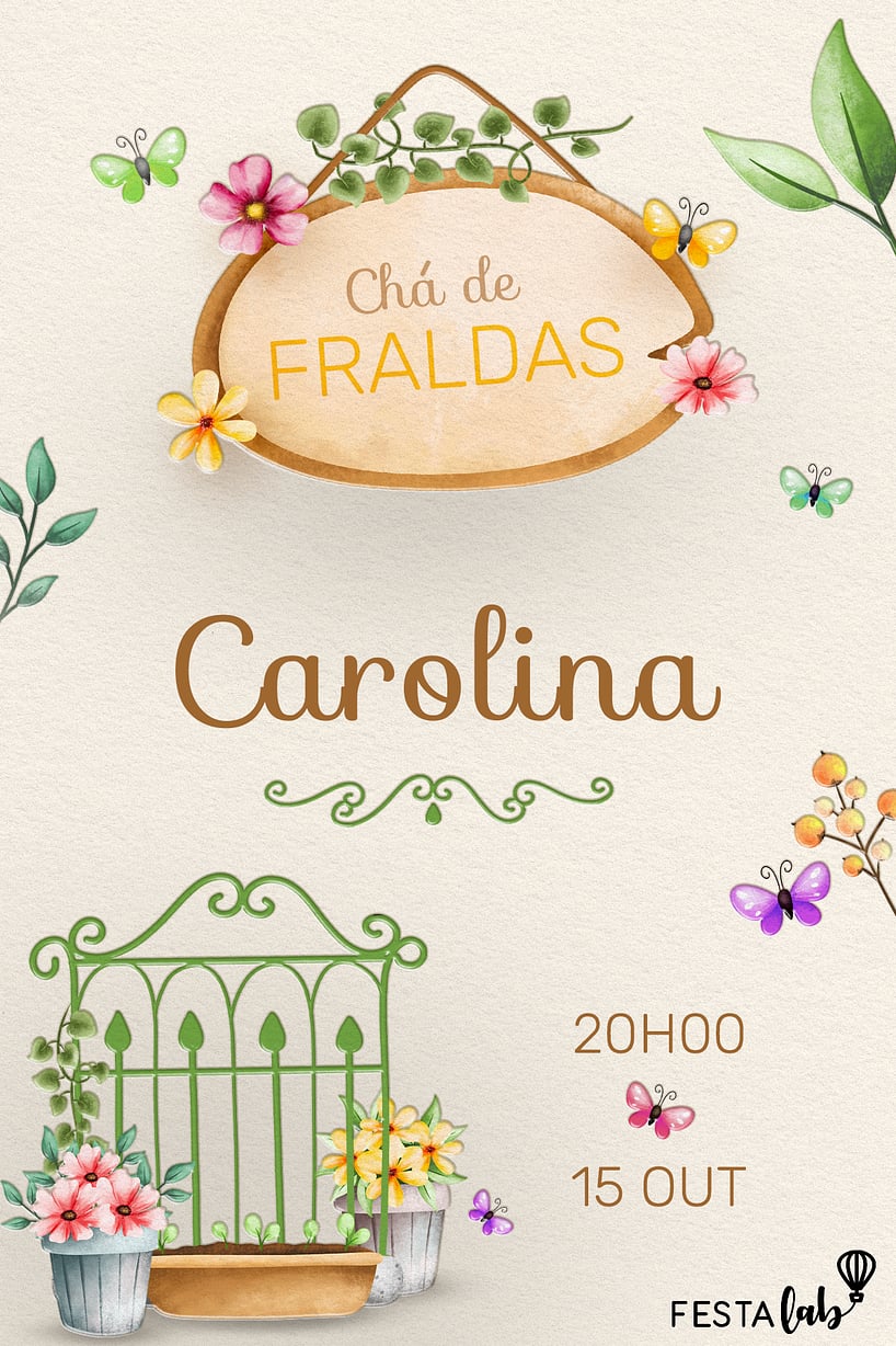 Modelo de Convite de Cha de fraldas - Jardim Delicado Criar convite de Chá de fraldas - Jardim Delicado| FestaLab