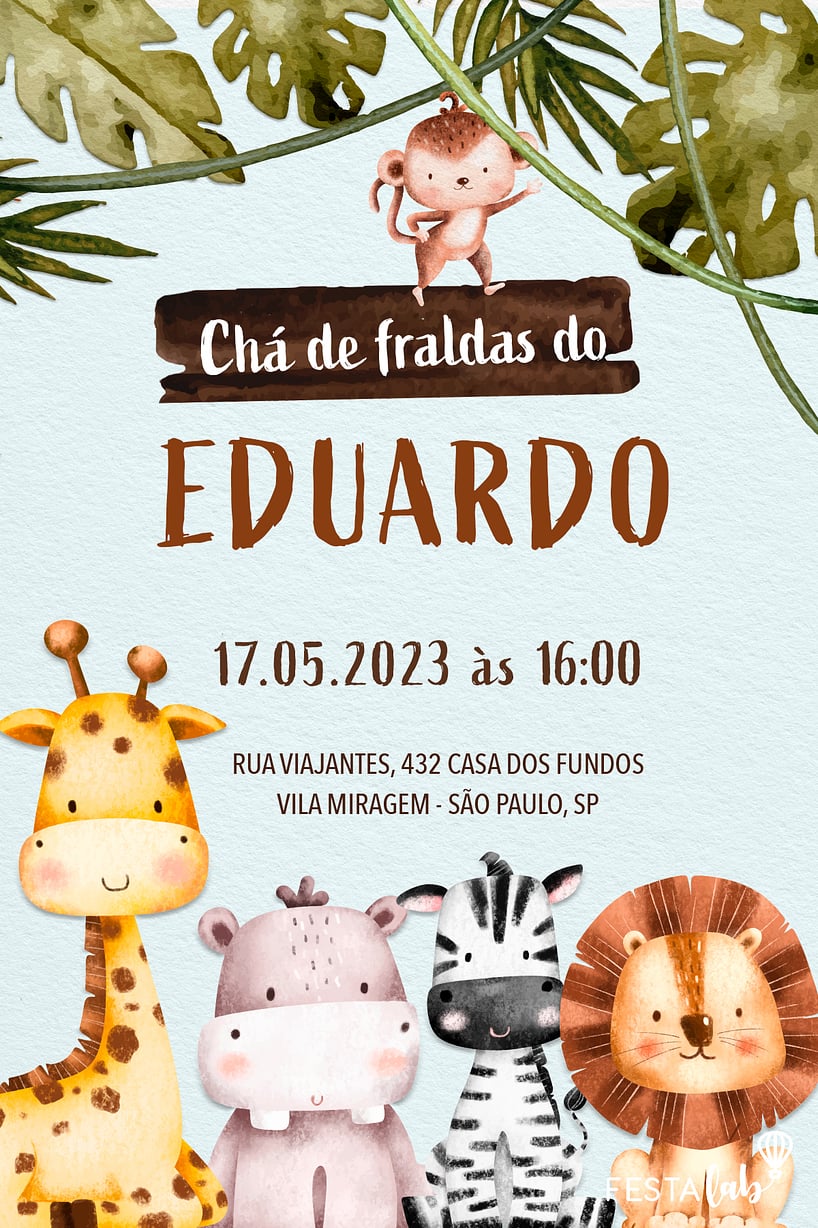 Modelo de Convite de Cha de fraldas - Moldura de Safari Criar convite de Chá de fraldas - Moldura de Safari| FestaLab