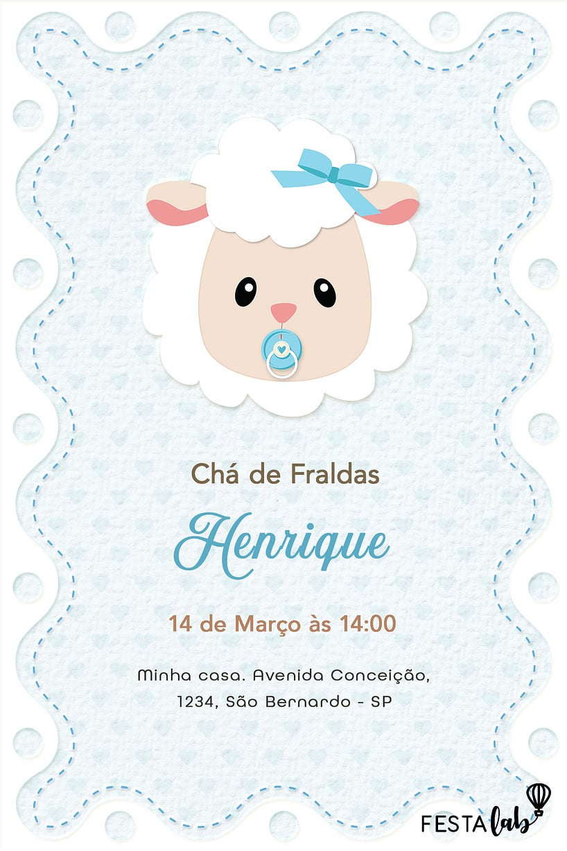 Modelo de Convite de Cha de fraldas - Ovelhinha azul Criar convite de Chá de fraldas - Ovelhinha azul| FestaLab