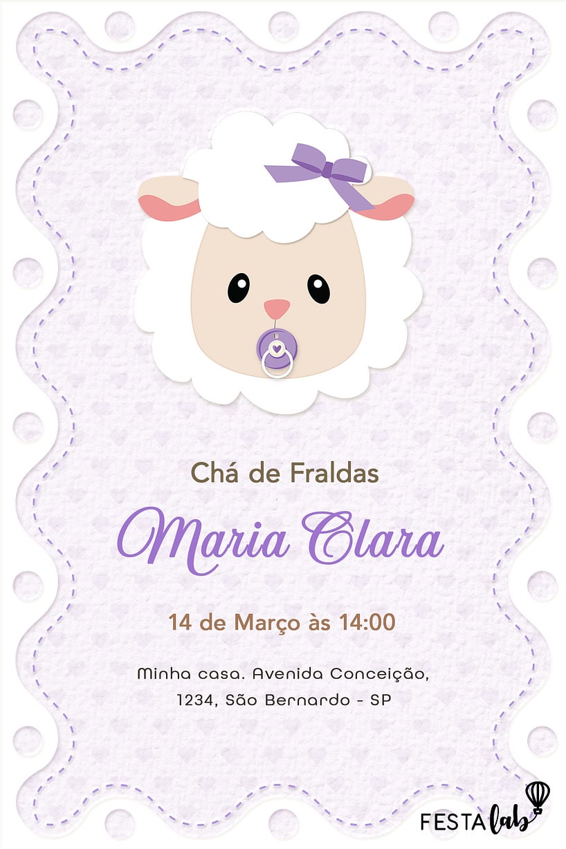 Modelo de Convite de Cha de fraldas - Ovelhinha Lilas Criar convite de Chá de fraldas - Ovelhinha Lilas| FestaLab